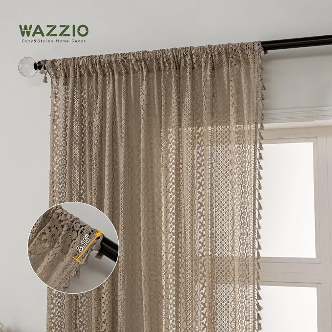 WAZZIO Boho Lace Curtains 72 Inches 2 Panel,Light Filtering Privacy Tassel & Geometry Crochet Semi Sheer Curtain Drapes for Bedroom Living Dining Room,Rod Pocket & Tassel,Earthy Color Taupe