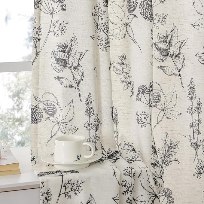 FMFUNCTEX Linen Curtains Floral Patterned Curtain for Bedroom Living Room, Black Curtains 84 Inches Long Farmhouse, Light Filtering Beige Window Curtain Grommet Top 2 Panels Set