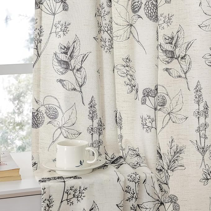 FMFUNCTEX Linen Curtains Floral Patterned Curtain for Bedroom Living Room, Black Curtains 63 Inch Length Farmhouse, Light Filtering Beige Window Curtain Grommet Top 2 Panels Set