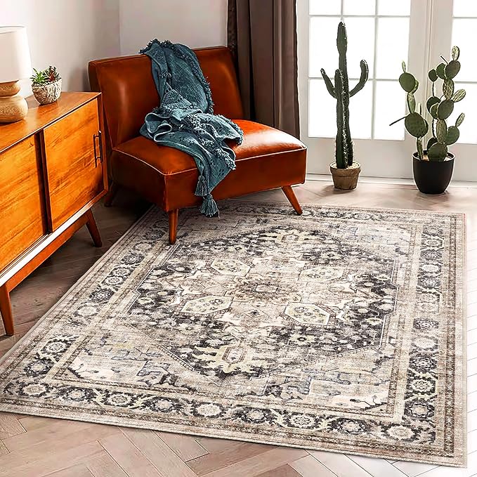 CHAMPLANT Area Rug 5'x7' Black-Purple Khaki Washable Vintage Traditional Floor Cover Thin Retro Kitchen Indoor Distressed Non Slip Carpet for Living Room Bedroom Dining Room
