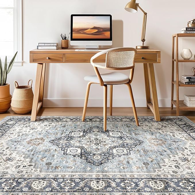 10x13 Area Rug Living Room: Washable Boho Large Neutral Vintage Soft Rug Stain Resistant Farmhouse Non-Slip Indoor Floor Carpet for Bedroom Nursery Kids Office Dining Room Home House- Blue Tan