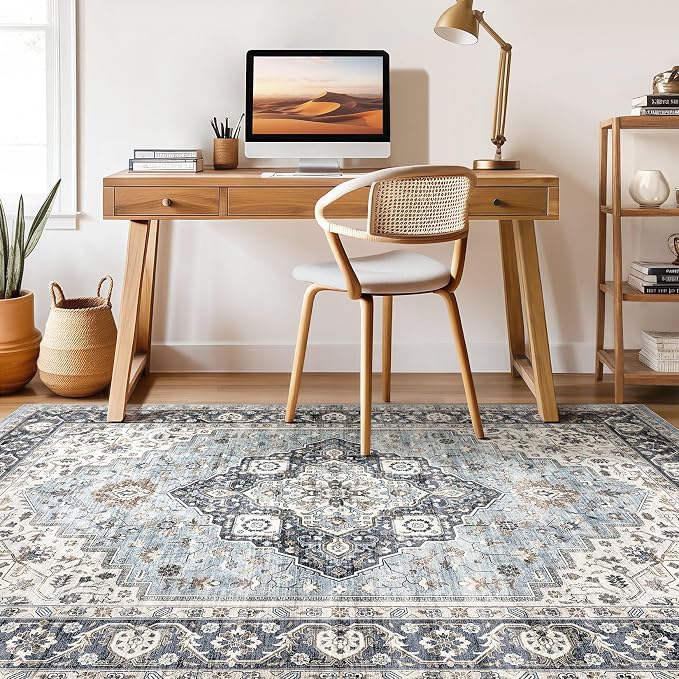 5x8 Area Rugs Living Room: Washable Boho Large Neutral Vintage Soft Rug Stain Resistant Farmhouse Non-Slip Indoor Floor Carpet for Bedroom Nursery Kids Playroom Office Dining Room- Blue Tan