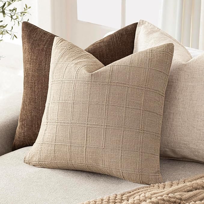 Foindtower Set of 2 Decorative Linen Check Throw Pillow Covers Neutral Farmhouse Vintage Cushion Covers Modern Coastal Boho Home Decor for Sofa Chair Couch Bedroom Living Room,24×24 Inch,Camel