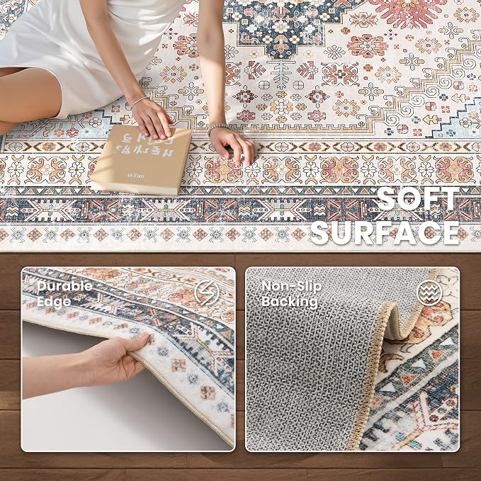 zesthome 5x8 Area Rugs for Living Room,Non-Slip Backing Washable Rugs,Vintage Large Area Rug，Stain Resistant Home Decor Rug (Multi,5'x8')