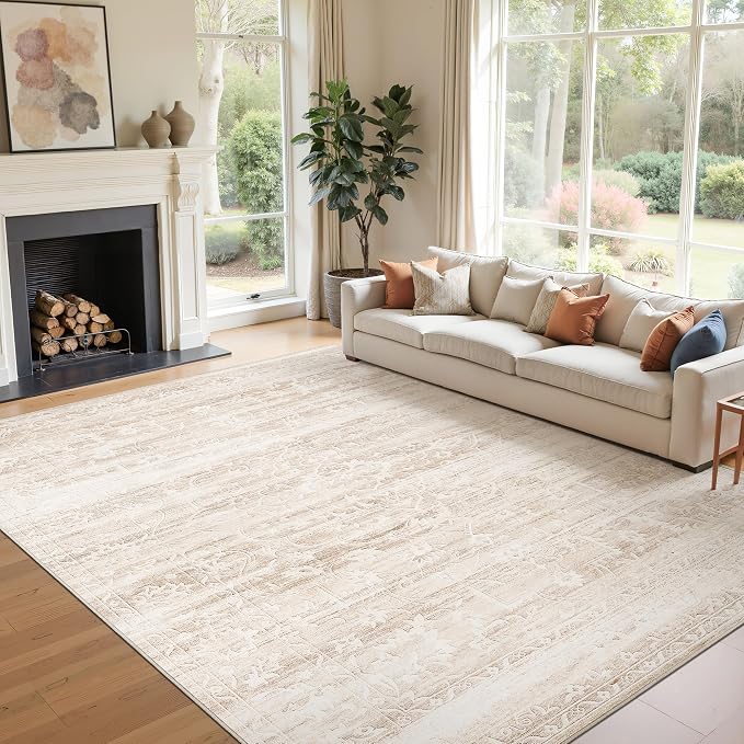 Soalmost 8x10 Area Rugs for Living Room, Washable Neutral Rug Beige Ivory | Vintage Floral Soft Stain Resistant Non-Slip Low Pile Thin Carpet for Dining Room Bedroom Kitchen Home Office Nursery 8'x10'