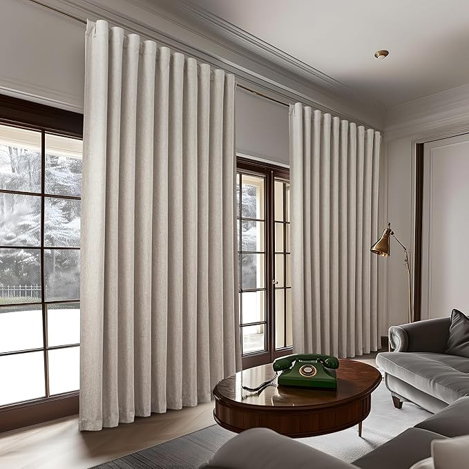 Extra Wide 70 Inch Length Blackout Curtains & Drapes 92 Inches Long 2 Panels Set for Sliding Glass Doors,Modern Pleated Linen Blend Heavy Floor to Ceiling Large Window Drapes(70"Wx92"Lx 2 Natural)