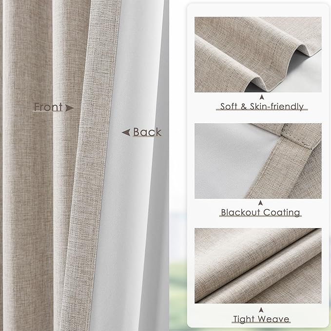 Blackout Curtains 84 Inch Long 2 Panels Set for Bedroom & Living Room, Linen Black Out Curtain Thermal Insulated Pinch Pleat Room Darkening Noise Reducing Drapes with Back Tab Hooks