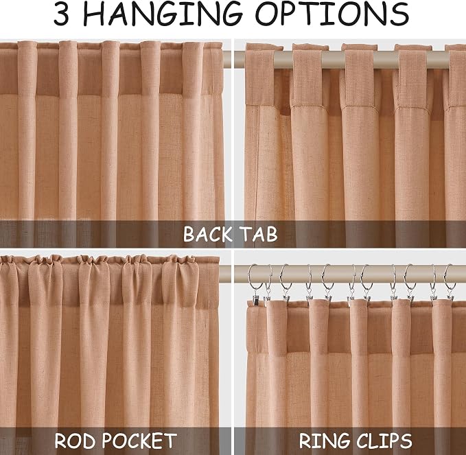 Nanspring Peach Quartz Curtains 90 Inches Long 2 Panel Set Back Tab Rod Pocket Linen Blend Bohemian Semi Sheer Light Filtering Neutral Decor for Relaxing Bedroom and Charming Living Room 52x90