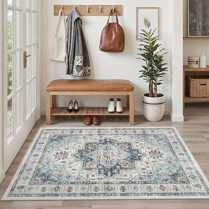 Madane Area Rug 4x6 Washable Rugs Vintage for Living Room, Blue | Ultra-Thin Stain Resistant Vintage Large 4'X6' Carpet, Soft Low Pile Floor Mat For Bedroom Dining Room Office Home Decor