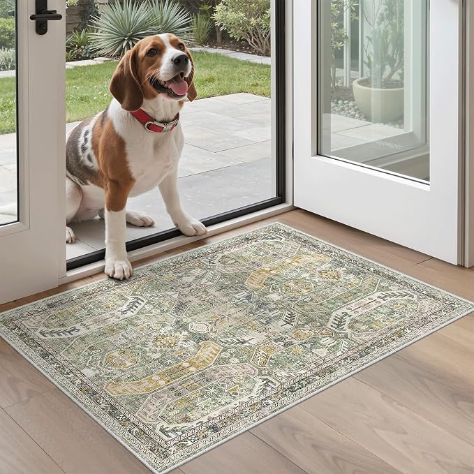 Madane Washable Area Rug 2x3 Small Entryway Rugs Non-Slip, Green/Gold | Vintage Stain-Resistant Door Mat Indoor Entrance, Low Pile Floor Carpet for Inside Front Bedroom Kitchen Entry Laundry, Stair