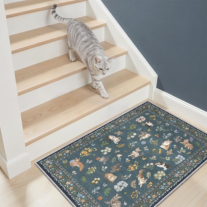 Soalmost 2x3 Cat Rugs for Entryway, Machine Washable Door Mat Animal Floral Small Area Rug Non-Slip Low Pile Soft Throw Rugs for Entrance Kitchen Indoor Front Door Kids Room (2 x 3,Navy Blue)
