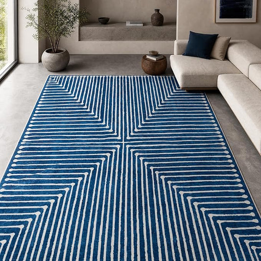 GLN Rugs Contemporary Collection - Machine Washable Area Rug, Contemporary Washable, Non Slip, Low Pile Chenille Rug, Living Room, Bedroom, Kitchen Rug (9' x 12' Lines Blue)