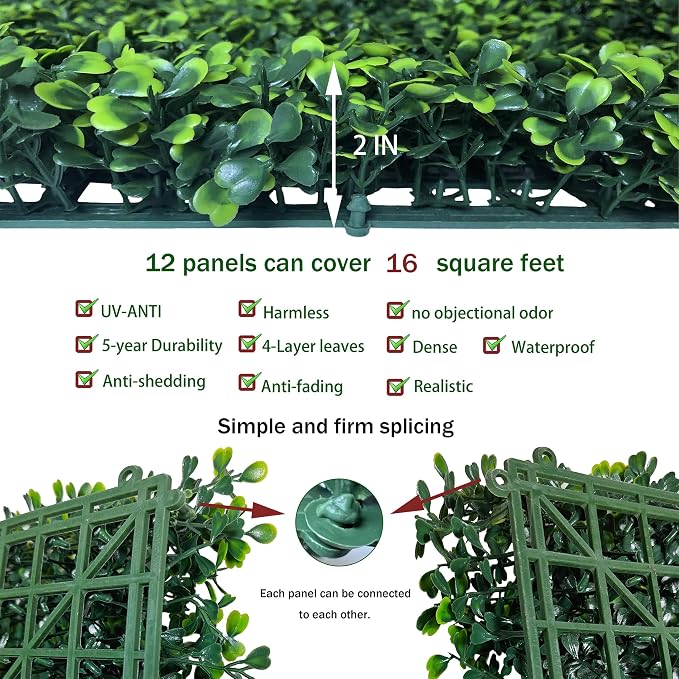 ODTORY Artificial Grass Wall Backdrop Panels,16 X 12 in 12P(16 sqft) UV-Anti Greenery Boxwood Panels for Indoor Outdoor Green Wall Decor & Ivy Fence Covering Privacy | UV-Anti, Faux Boxwood Hedge Fence, 4-Layer Leaves, Garden/Backyard/Balcony Privacy S...