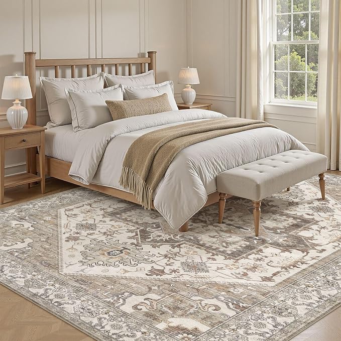 10x14 Area Rug for Living Room- Machine Washable Soft Oriental Vintage Large Indoor Floor Carpet for Bedroom Under Dining Table Home Office Decor - Beige Brown