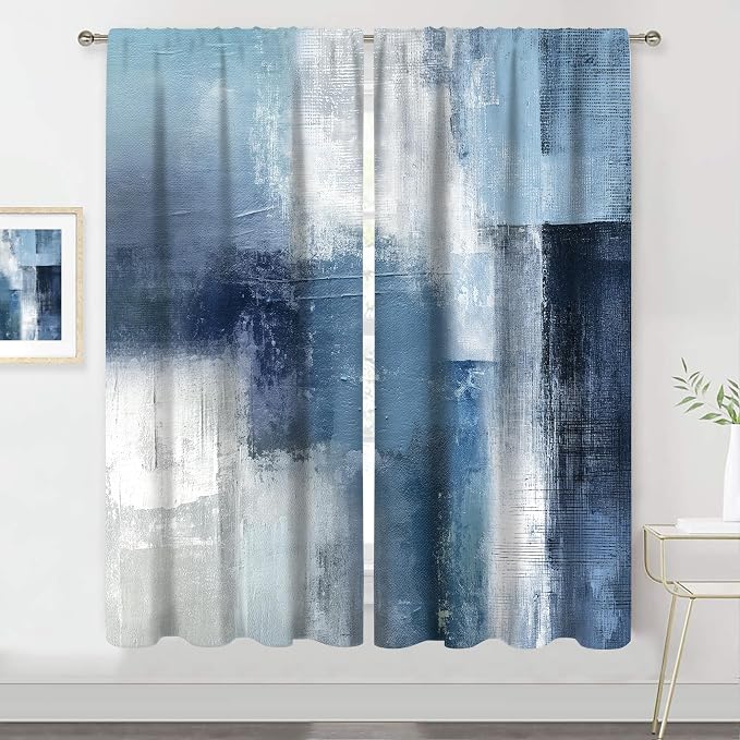 MESHELLY Abstract Navy Blue Curtains 42W x 63H Inch Rod Pocket Grey Art Painting Modern Contemporary Watercolor Cool Oil Print Living Room Bedroom Window Drapes Fabric 2 Panel