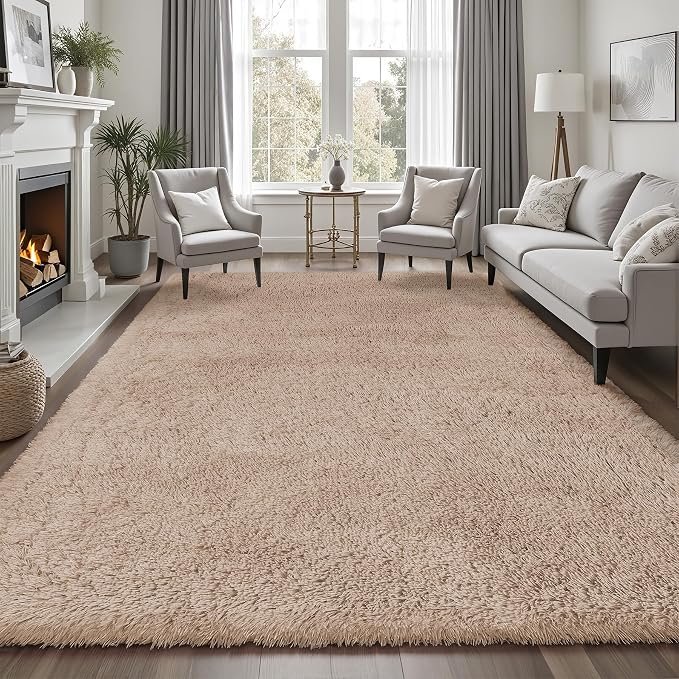 8x10 Area Rugs for Living Room Bedroom: Camel Soft Fluffy Shag Upgrade Non-Slip High Pile Carpet Large Fuzzy Plush Indoor Floor Decor Shaggy Rug for Kid Boys Girls Dorms Playroom Nursery Modern Home