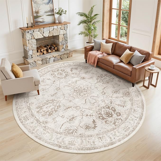 Madane Washable Round Rug 9ft for Living Room, Soft Ultra-Thin Non-Slip Vintage Floral Circle Area Rug, 9x9 Round Throw Carpet for Dining Room Nursery Bedroom Kitchen (Brown/Ivory, 9'Round)