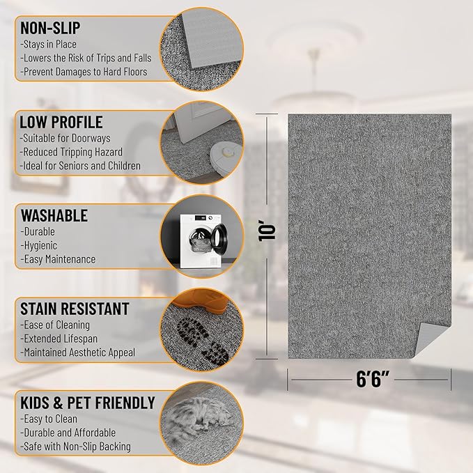 Ottomanson 6'6" x 10' Ultra-Thin Area Rug Durable Non-Slip Carpet for High-Traffic Areas - Fits Under Doors for Easy Use - Ideal for Living Room, Bedroom, Kitchen, Bathroom & Entryway, Gray