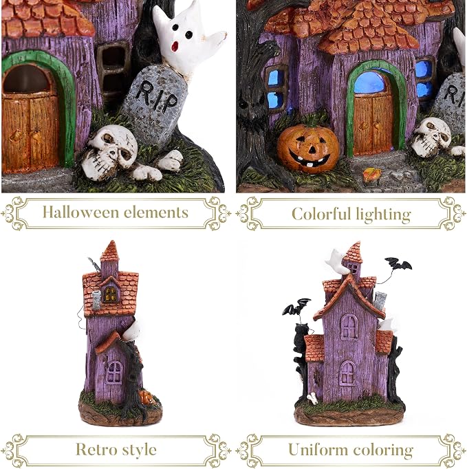 Valery Madelyn Halloween Decorations, Lighted Halloween Village Houses with LED Lights, Resin Spooky Town Happy Haunted House for Home and Party Table Desk Mantel, 9 Inch