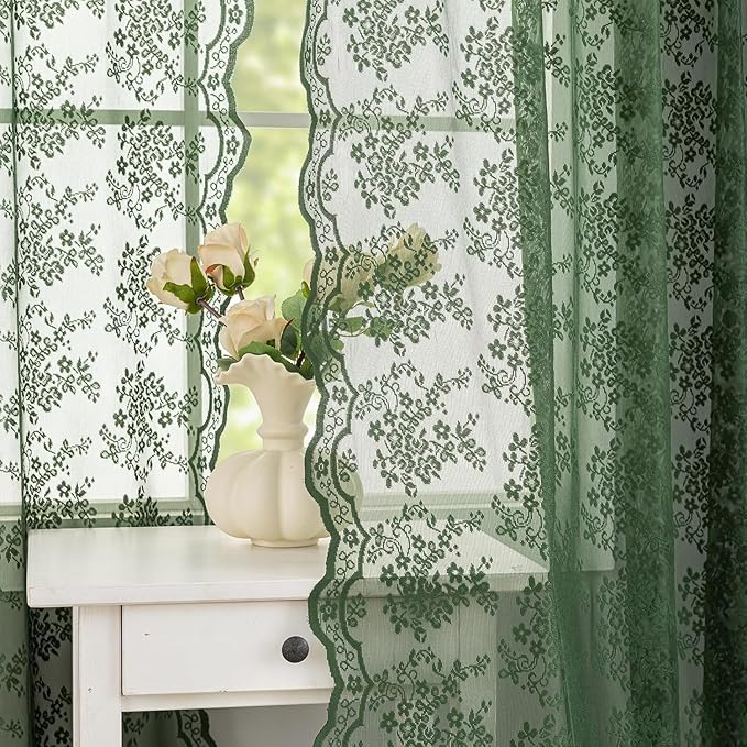 YJ YANJUN Vintage Lace Curtains 45 Inch Length-Victorian Floral Pattern Dark Green Boho Short Sheer Curtain Panels for Bathroom Bedroom,Light Filtering, Bohemian Decor 2 Panels 52W x 45L