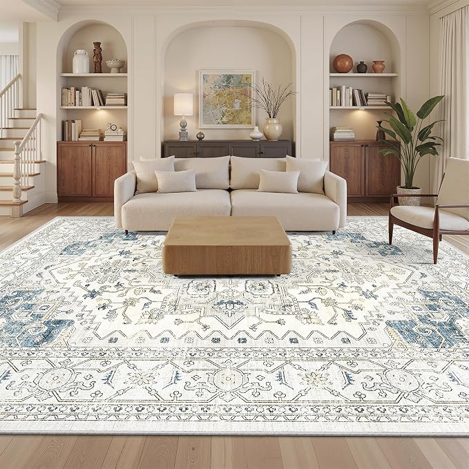 befbee Washable Area Rug 8x10, Area Rugs Stain Resistant Neutral Washable Rugs for Living Rooms Bedroom Vintage Non-Slip Thin Large Size Area Rug（BeigeBlue）
