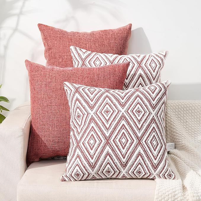 HPUK Throw Pillow Covers 18x18 Inch Set of 4, Linen Decorative Pillow Covers, Accent Cushion Covers for Couch Sofa Bed Bedroom Living Room Décor, Coral
