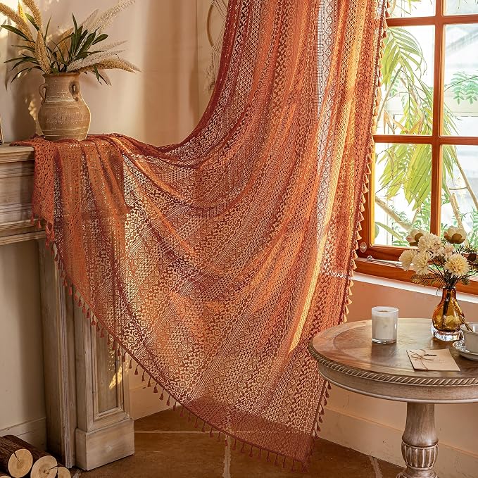 WAZZIO Boho Lace Curtains 96 Inches 2 Panel,Light Filtering Privacy Tassel & Geometry Crochet Semi Sheer Curtain Drapes for Bedroom Living Dining Room,Rod Pocket & Tassel,Full Decor,Burnt Orange