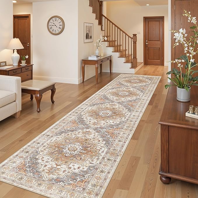 2'6" x 12'Non Slip Runner Rugs - Runners for hallways, Kitchen,Entryway,Stain Resistant Washable Rugs for Bedroom, Indoor Vintage Area Rugs (Turmeric/Grey,2'6" x 12')
