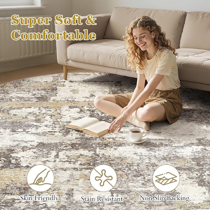 Area Rugs for Living Room: 12x12 Abstract Washable Rug Modern Neutral Large Soft Stain Resistant Non-Slip Backing Machine Table for Bedroom Dining Room Indoor Home Office Carpet - Gold Brown