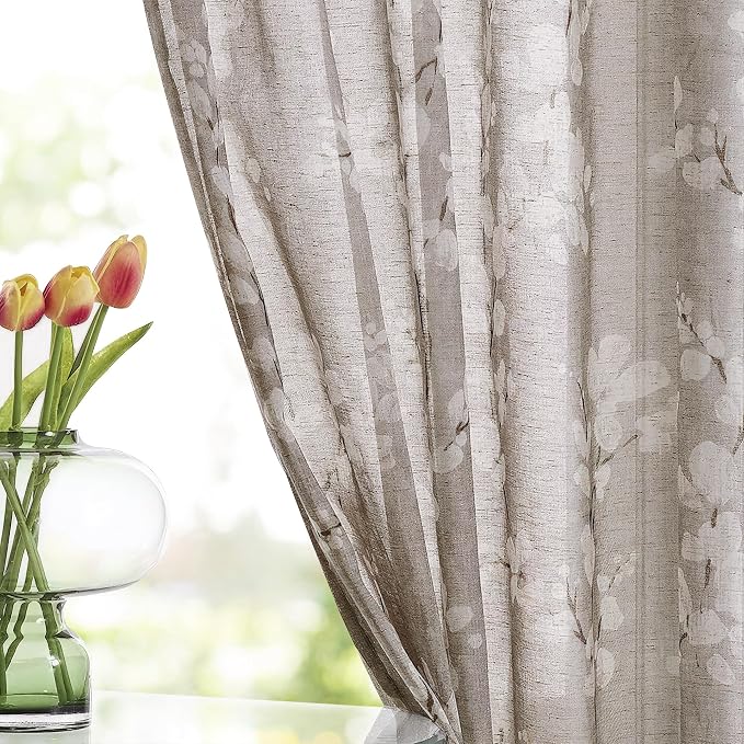 Fmfunctex Linen Sheer Curtains for Bedroom, Tan White Blossom Print Curtains 96 Inches Long for Living Room, Taupe Floral Patterned Farmhouse Curtain Light Filtering Window Drapes 2 Panels, Rod Pocket