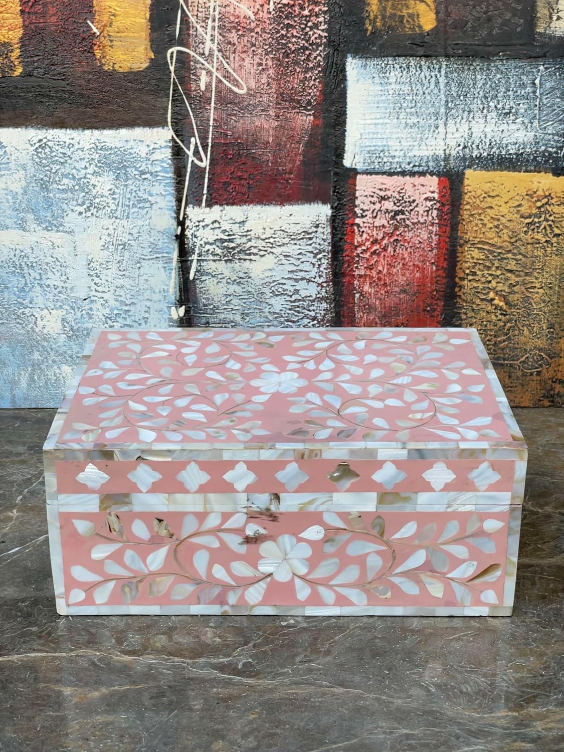 Decorative Storage Box Of Mother Of Pearl Inlay Floral Design Wooden Storage Box For Home Decoration For Living Dining & Bedroom (Pink_9x6x3.5 inch)