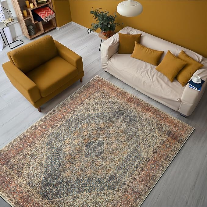 Keen Home Design 5x7 Rug - Machine Washable Area Rug with Non-Slip Backing, Ideal for Living Room, Dining Room, Bedroom - Vintage, Easy Clean, Durable, Low Pile Rug - (5' x 7')