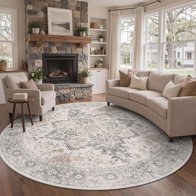 GENIMO 10FT Round Area Rugs for Living Room, Circle Rugs Machine Washable Low Pile, Chenille Non Slip Vintage Rug for Bedroom, Dining Room, Home Office, Light Taupe Brown