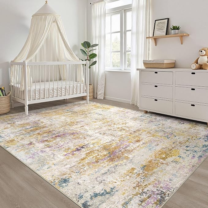 6x9 Area Rugs Living Room: Washable Large Neutral Rug Abstract Soft Modern Stain Resistant Indoor Floor Non-Slip Carpet for Bedroom Nursery Kids Classroom Playroom Dining Room- Gold Multi