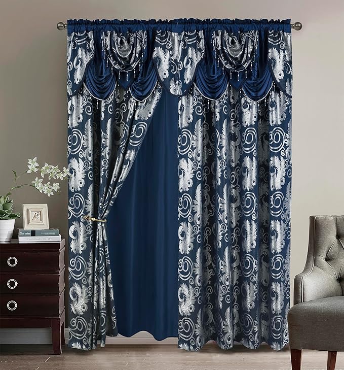 GLORY RUGS Jacquard Luxury Window 2 Panel Set Navy Curtain with Attached Valance and Backing Bedroom Living Room Dining 2 Curtains 55x84 inches Each Jana
