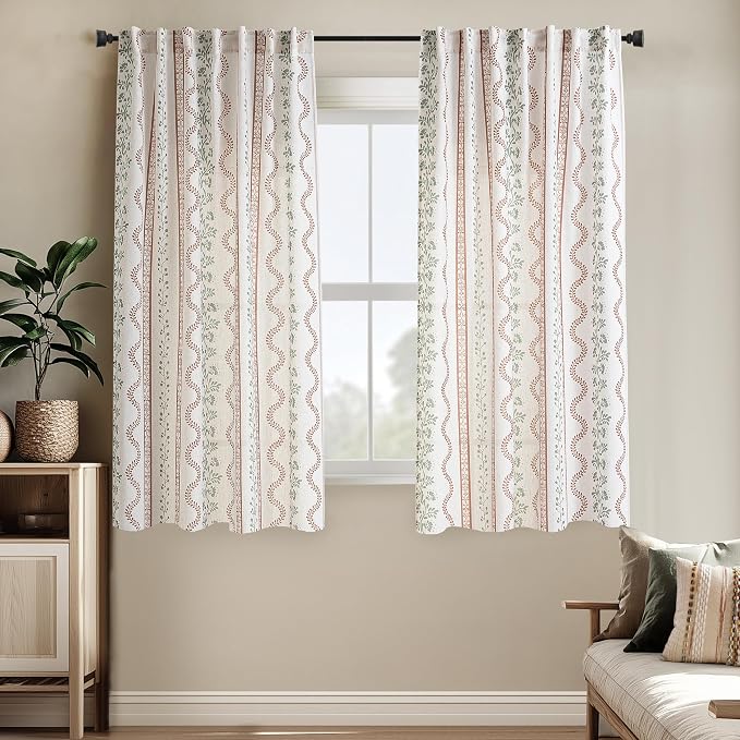 Lino Rosa Bohemian Floral Curtains for Living Room,Boho Linen Sheer Curtains for Bedroom 63 Inches Long Terracotta and Green
