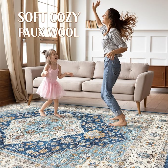 10x12 Area Rug Living Room: Washable Boho Large Neutral Vintage Soft Rugs Stain Resistant Farmhouse Non-Slip Indoor Floor Retro Carpet for Bedroom Nursery Kids Office Dining Room- Navy Beige