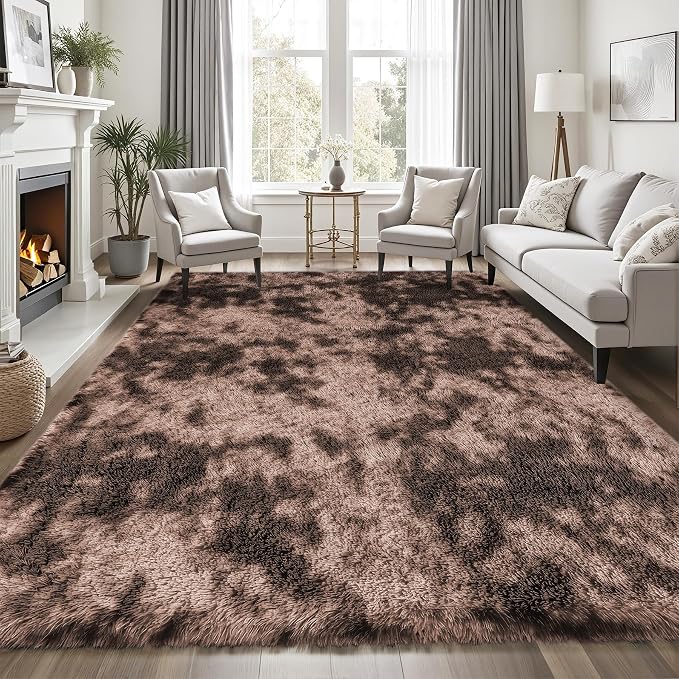 Area Rug for Living Room Bedroom: 9x12 Soft Fluffy Shag Upgrade Non-Slip High Pile Carpet Large Fuzzy Plush Indoor Floor Decor Shaggy Coffe Tie-Dyed Rug for Kid Boys Girls Playroom Nursery Modern Home