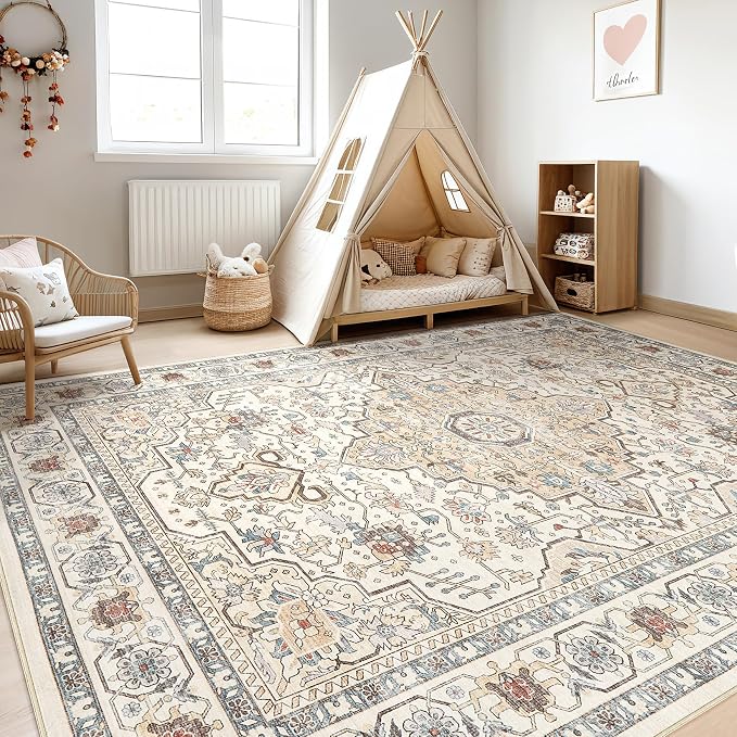 5x8Ft Area Rug Living Room: Washable Boho Large Neutral Vintage Soft Rugs Stain Resistant Farmhouse Non Slip Indoor Floor Carpet for Bedroom Nursery Kids Playroom Office Dining Room- Cream Blue