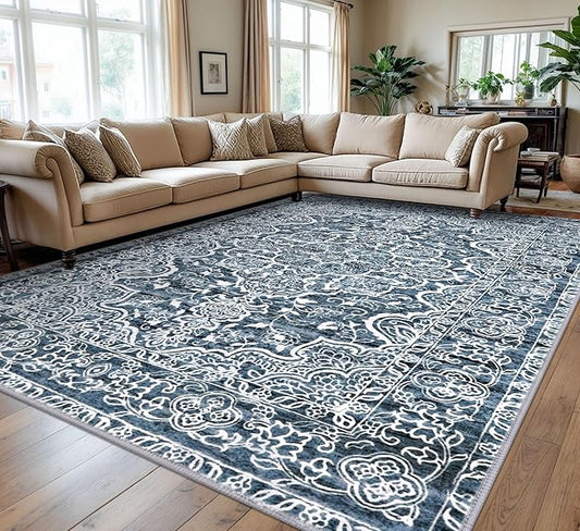 KUTA 9x12 Vintage Area Rug for Living Room, Washable Large Rugs for Bedroom 9ft x 12ft Non-Slip, Blue White Ultra Soft Printed Modern Floral Distressed Dining Room Low-Pile Carpet