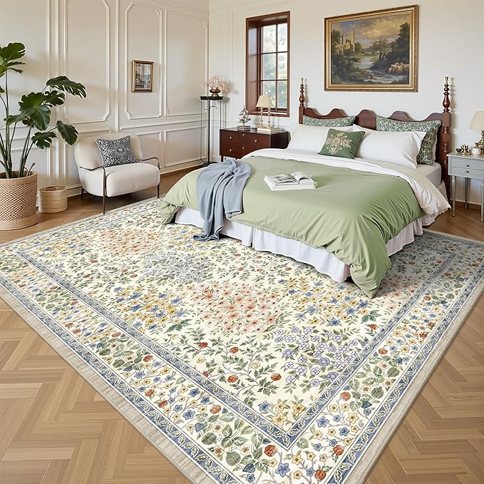 6x9 Area Rugs, Washable Floral Area Rugs for Living Room, Indoor Area Rug for Bedroom, Dining Room, Low Pile Non-Slip Non Shedding Rug(Beige Floral)