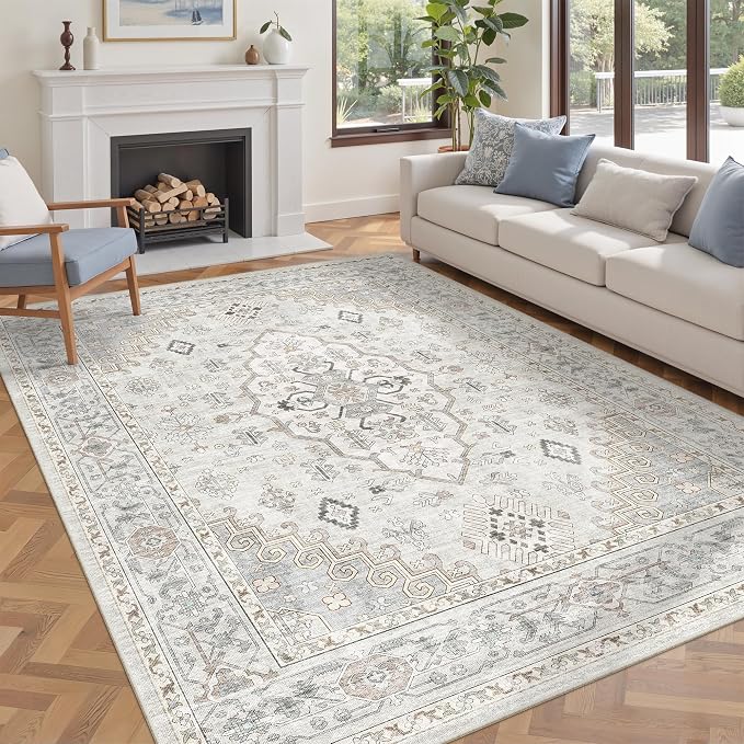 befbee 6x9 Area Rugs for Living Rooms, Stain Resistant Neutral Washable Rugs for Dining Rooms, Floral Vintage Non-Slip Thin Large Size Area Rug(Light Grey)