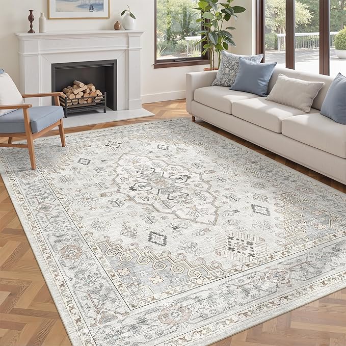 befbee 5x7 Area Rugs for Living Rooms, Stain Resistant Neutral Washable Rugs for Dining Rooms, Floral Vintage Non-Slip Thin Large Size Area Rug(Light Grey)