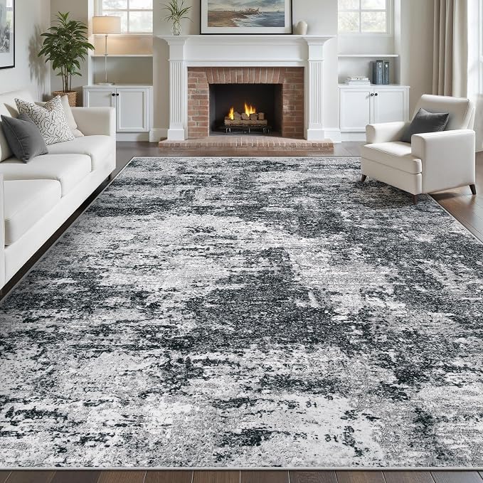 pmtsns Area Rugs 9x12 for Living Room: Washable Rug Modern Abstract Neutral Soft Non-Slip Low-Pile Indoor Large Carpet for Bedroom Dining Room Playroom Home Office (Black Grey, 9'x12')