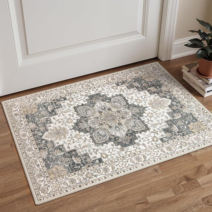 GENIMO Area Rug 2x3 Doormat, Machine Washable Low Pile Rugs, Small Retro Entryway Mat for Entrance, Hallway, Kitchen and Corridor, Heathered Grey