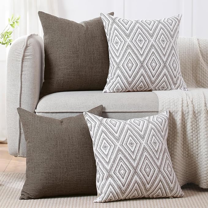 HPUK Throw Pillow Covers 20x20 Inch Set of 4, Linen Decorative Pillow Covers, Accent Cushion Covers for Couch Sofa Bed Bedroom Living Room Décor, Natural