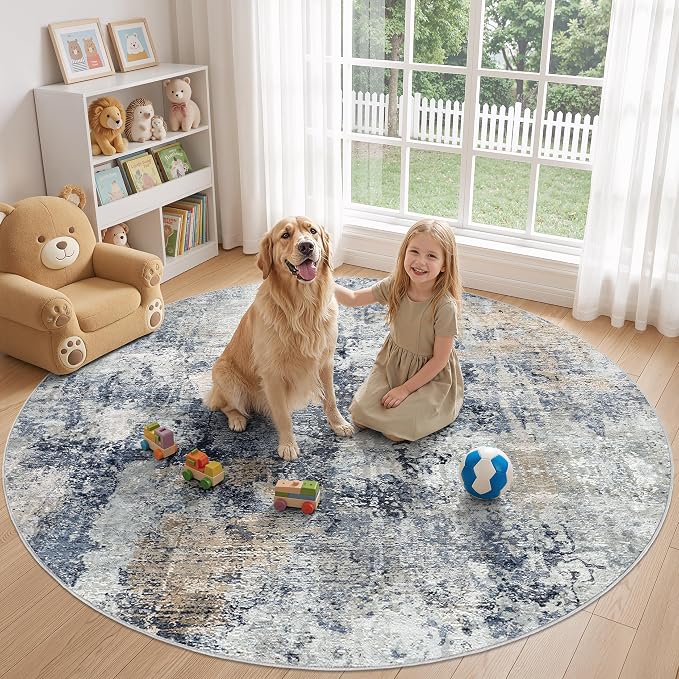 WITSHOCK Area Rugs 8ft Round Living Room Rug - Washable Neutral Soft Low Pile Non-Slip Modern Abstract Thin Large Indoor Carpet for Bedroom Dining Room Nursery Office - Dark Blue Brown