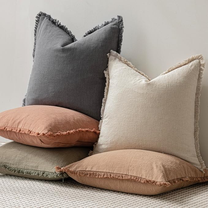 Foindtower Set of 2 Decorative Linen Fringe Lumbar Throw Pillow Covers Boho Farmhouse Cushion Cover with Tassels Soft Accent Pillowcase for Couch Sofa Bed Living Room Home Decor,12×20 Inch,Gray
