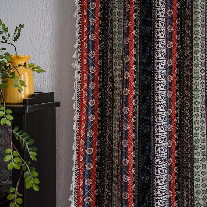 VOGOL Farmhouse Boho Striped Tassels Window Curtains, Semi Blackout Bohemian Geometric Rod Pocket Curtains for Bedroom Office, 1 Panel 59 x 94 Inches, Red & Blue