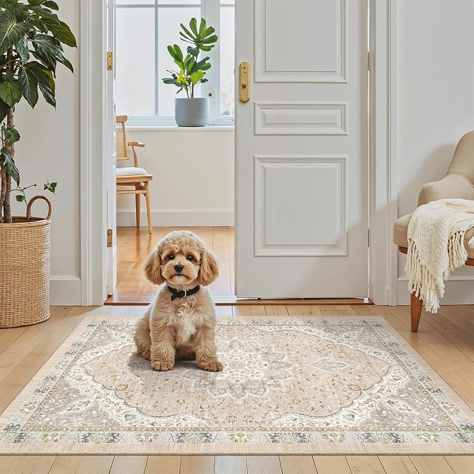 Madane Washable Area Rug 2x3 Small Entryway Rugs Non-Slip, Pink/Gray | Vintage Stain-Resistant Door Mat Indoor Entrance, Low Pile Floor Carpet for Inside Front Bedroom Kitchen Entry Laundry, Stair